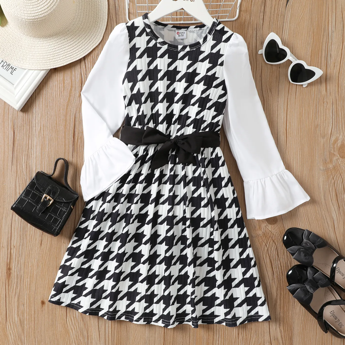 Kid Girl Ribbed Houndstooth Ruffle Belted Long-sleeve Dress Black big image 1