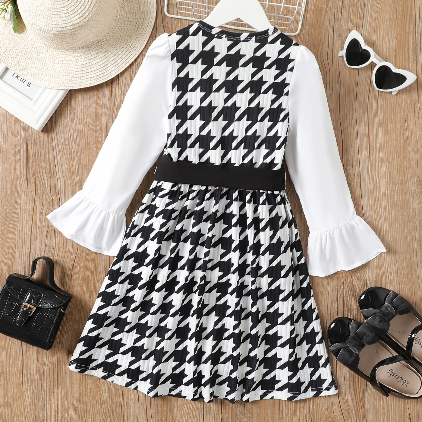 Kid Girl Ribbed Houndstooth Ruffle Belted Long-sleeve Dress Black image 6