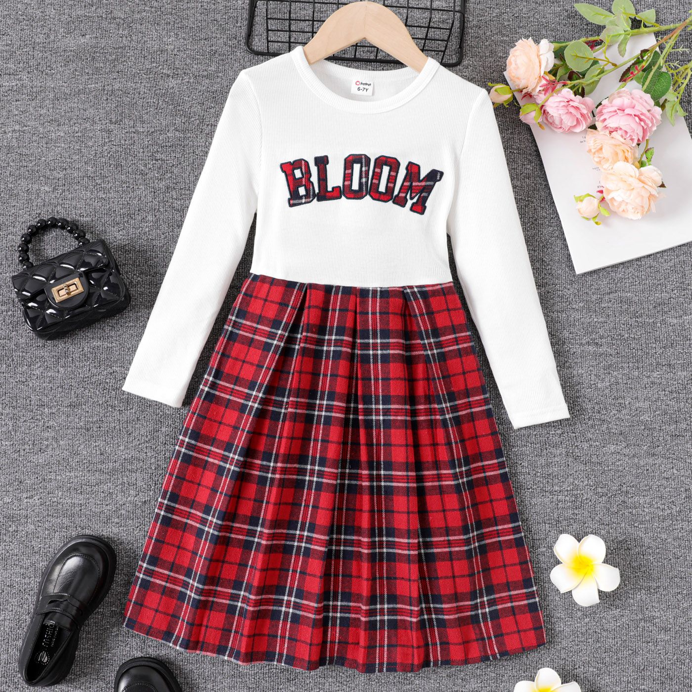 Kid Girl Letters Embroidery Plaid Long-sleeve Dress