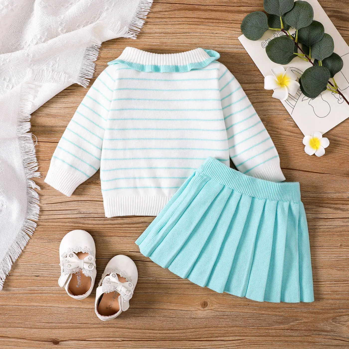 2pcs Baby Girl Ruffle Buttons Front Stripe Long-sleeve Sweater and Solid Pleated Skirt Set  image 2