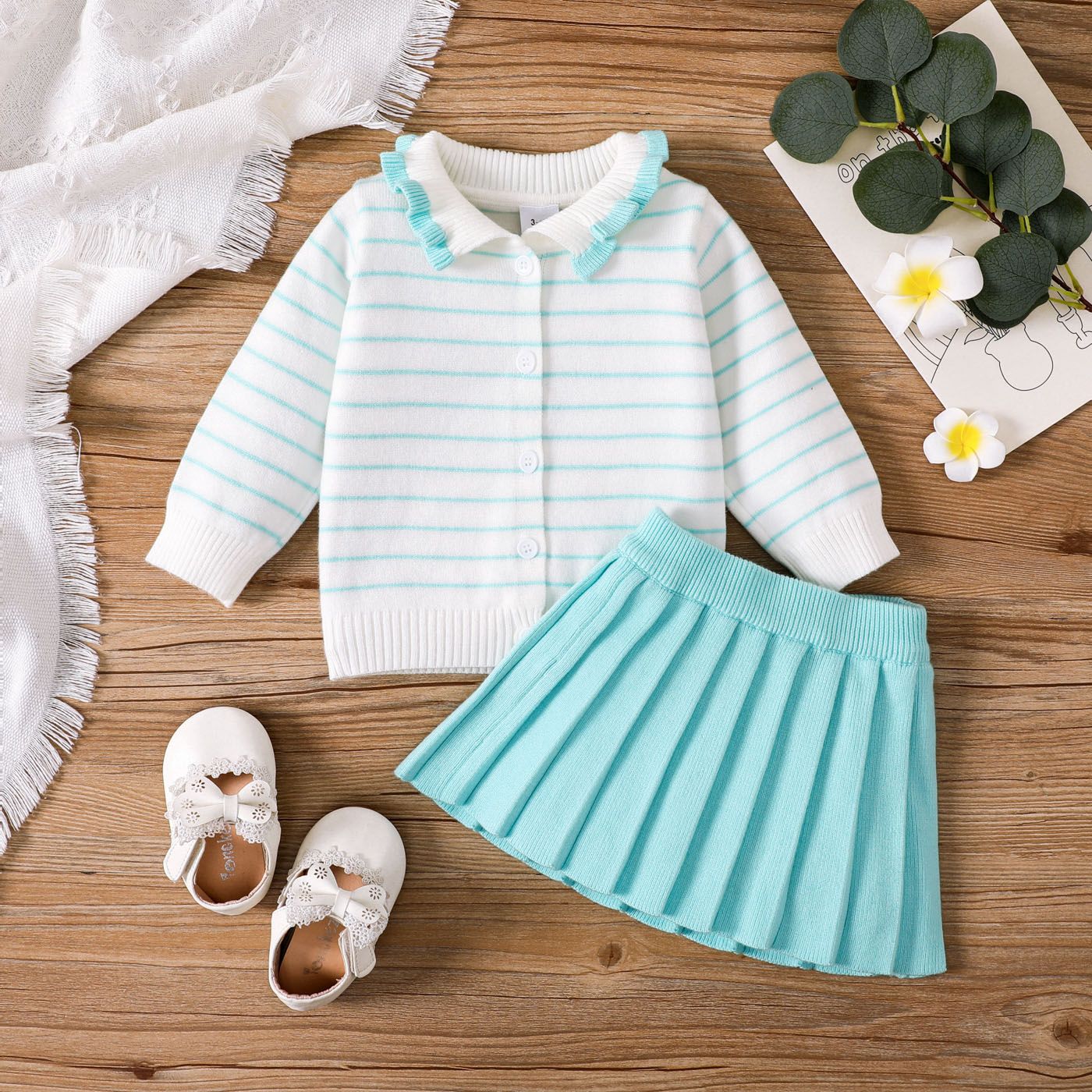 2pcs Baby Girl Ruffle Buttons Front Stripe Long-sleeve Sweater and Solid Pleated Skirt Set