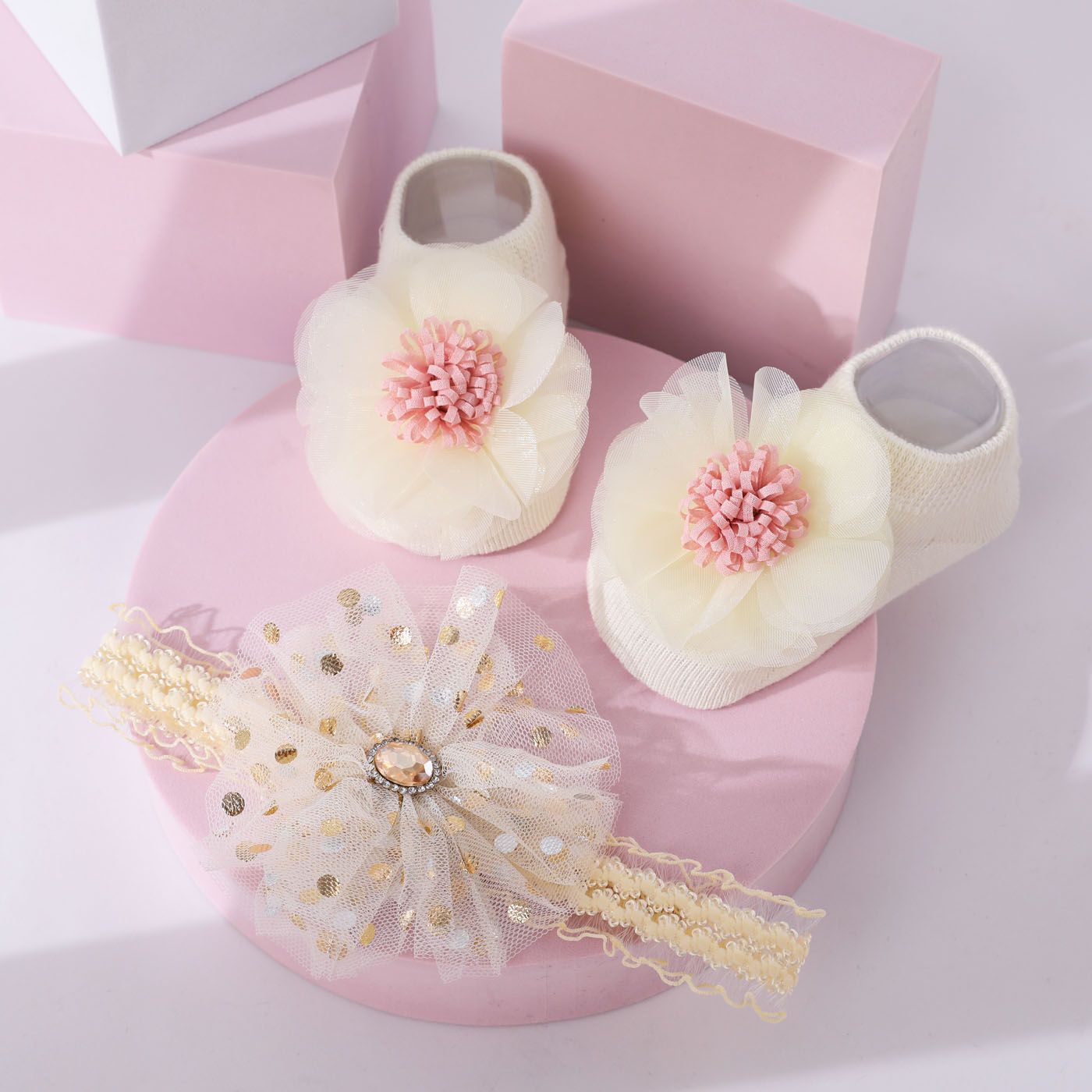 2pcs Baby Polka Dots Diamond Bandeau Et Flower Shape Socks Set
