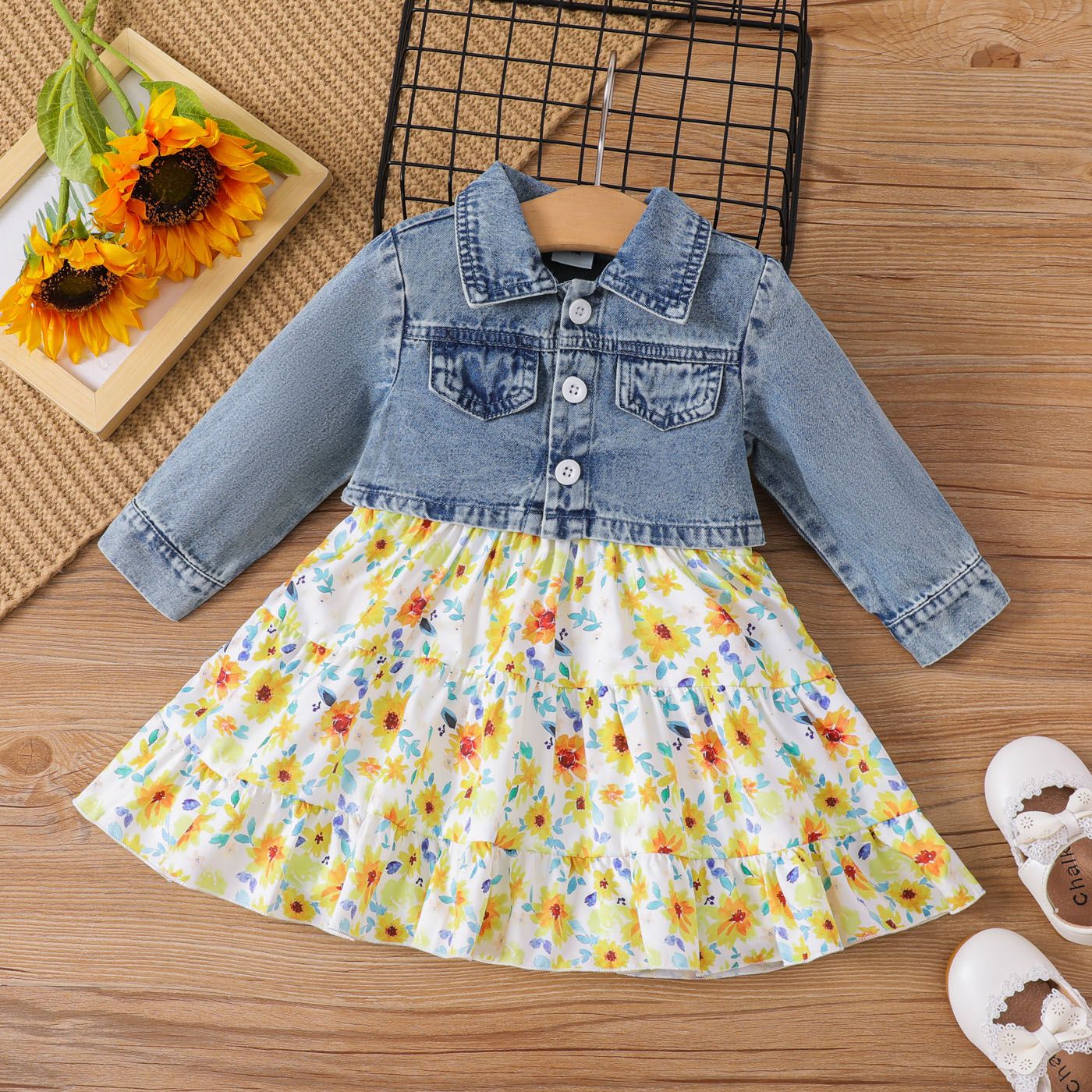 2pcs Baby Girl Denim Jacket and Allover Floral Print Slip Dress Set
