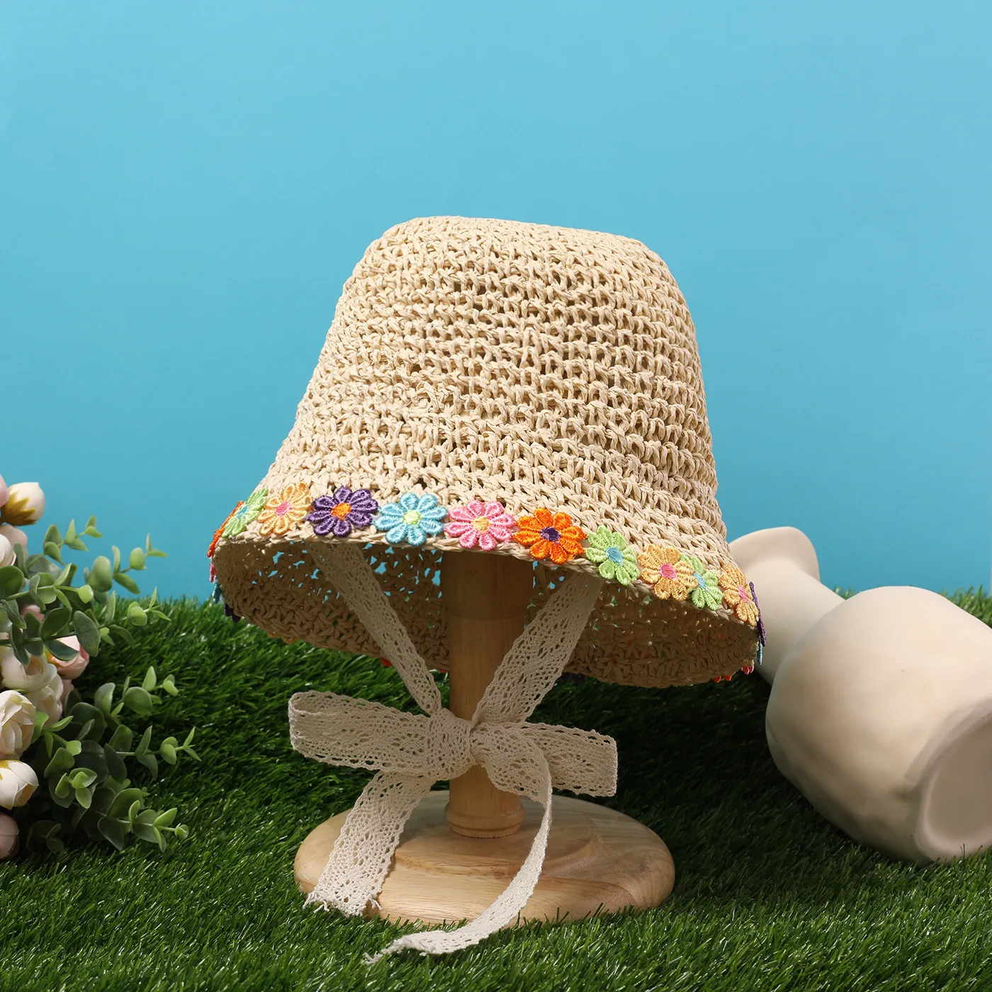 Toddler Girls Flower Lace Straw Hat Apricot image 3