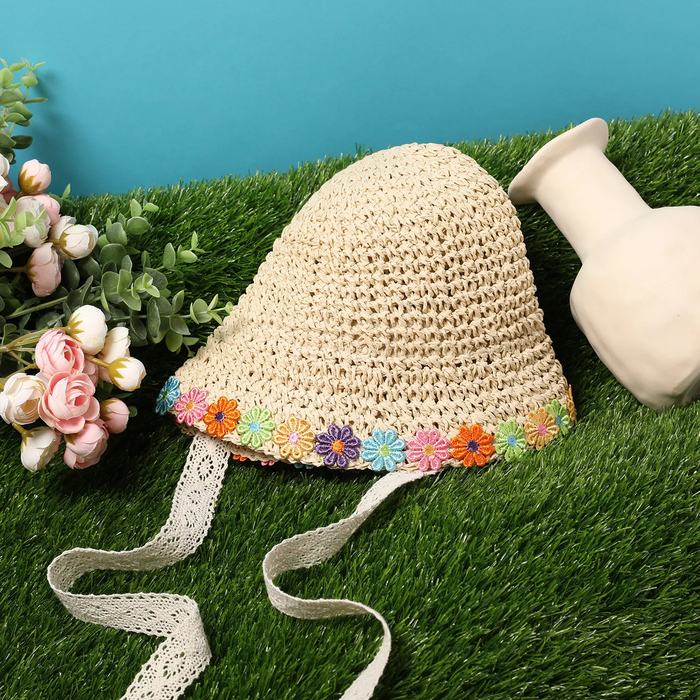 Toddler Girls Flower Lace Straw Hat Apricot image 5