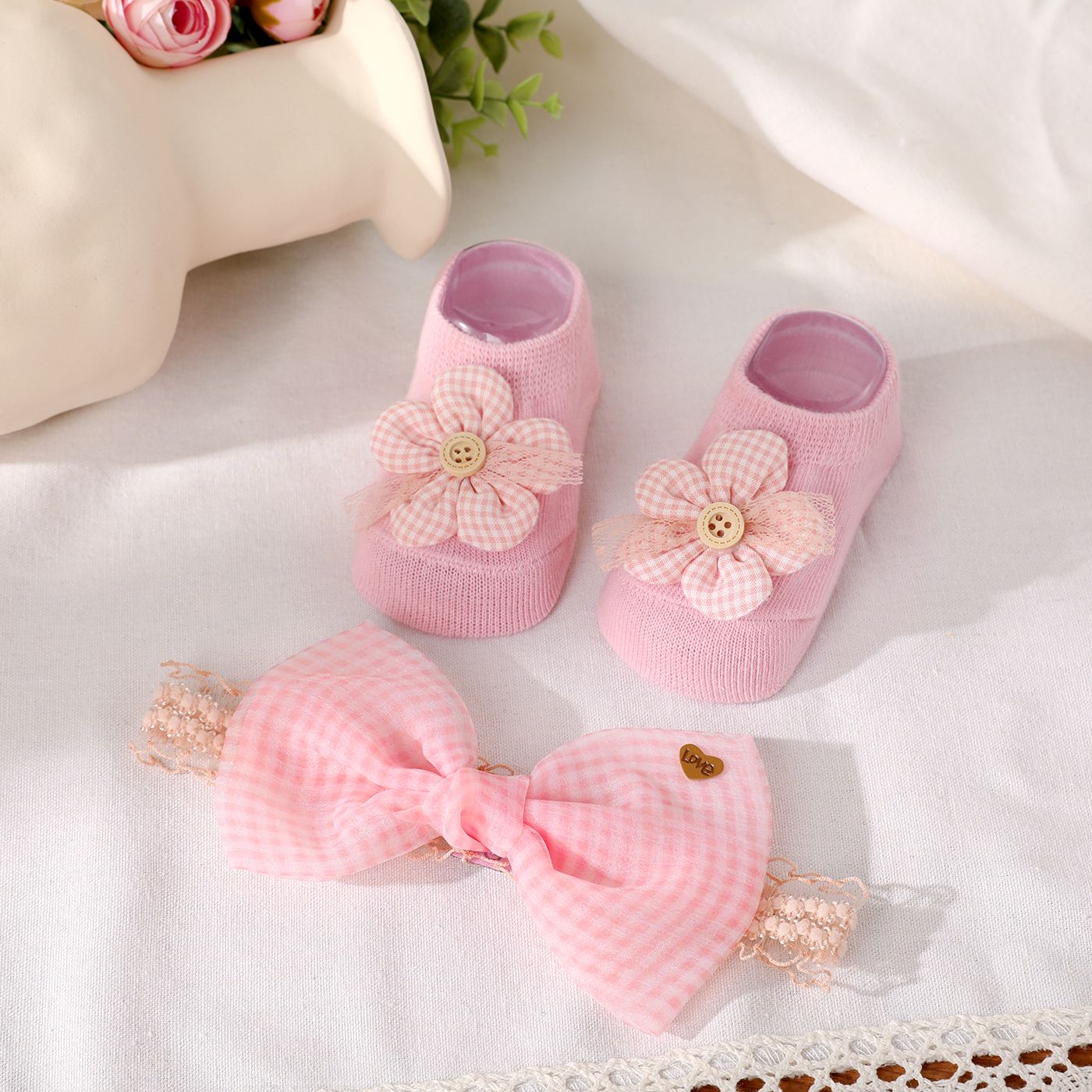 2pcs Baby Bow Decor Dentelle Bandeau Et Floral Pattern Chaussettes Set