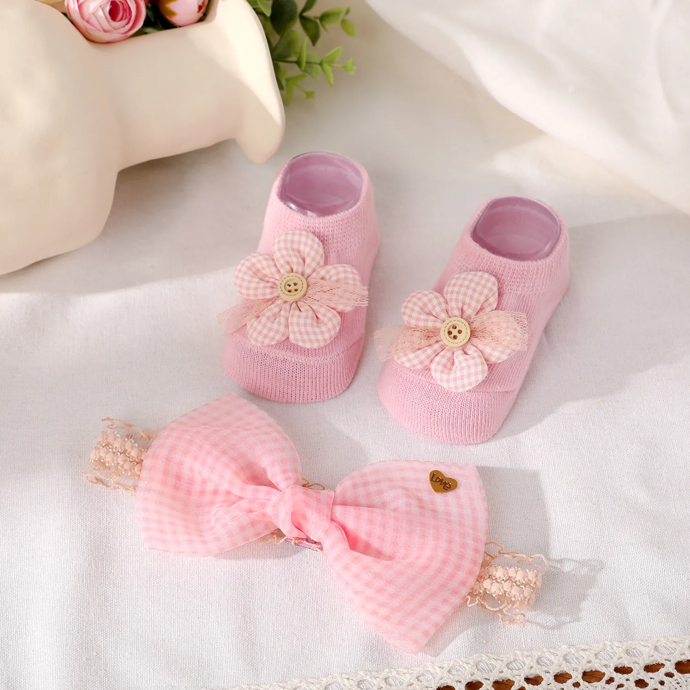 2pcs bebê laço decor renda headband e floral padrão meias set Rosa