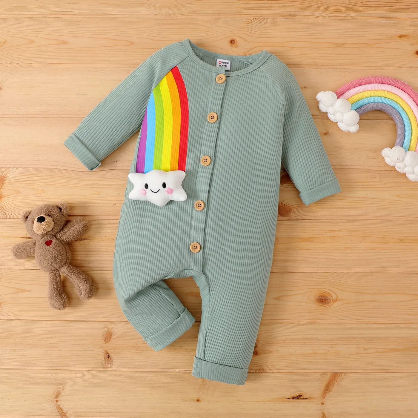 Baby Boy/Girl Cotton Buttons Front Rainbow Graphic Ribbed Long-sleeve Jumpsuit