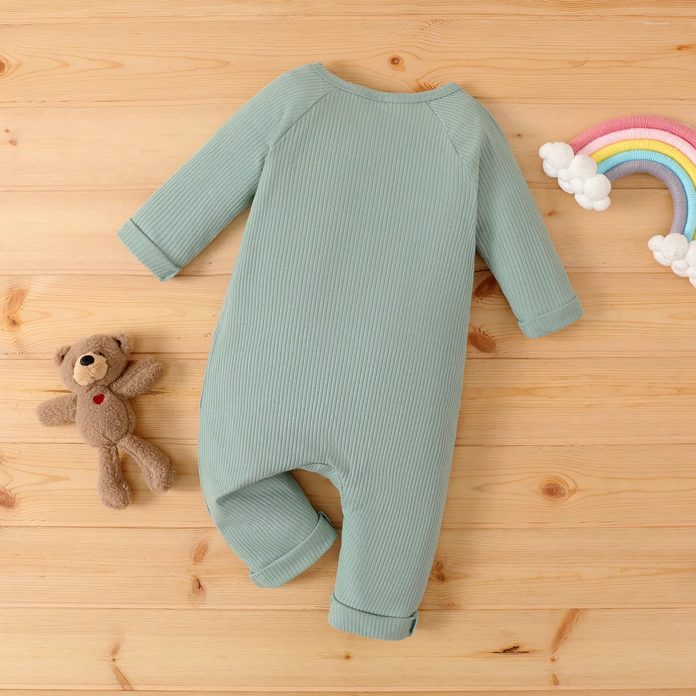 Baby Boy/Girl Cotton Buttons Front Rainbow Graphic Ribbed Long-sleeve Jumpsuit  Green image 2