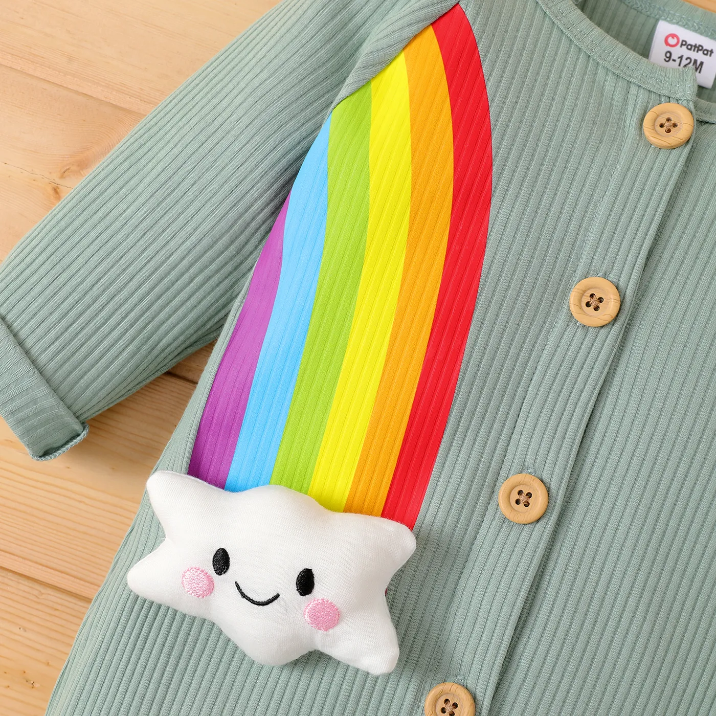 Baby Boy/Girl Cotton Buttons Front Rainbow Graphic Ribbed Long-sleeve Jumpsuit  Green image 4