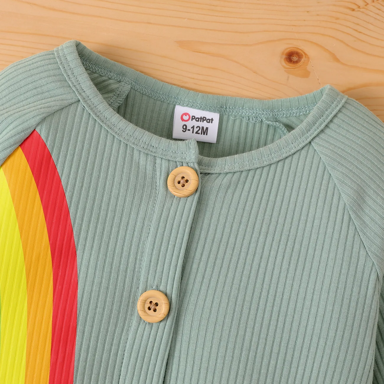 Baby Boy/Girl Cotton Buttons Front Rainbow Graphic Ribbed Long-sleeve Jumpsuit  Green big image 1