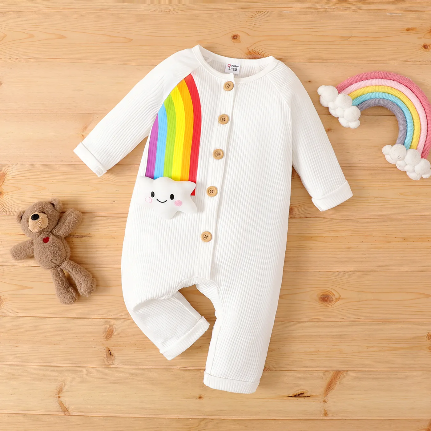 Baby Boy/Girl Cotton Buttons Front Rainbow Graphic Ribbed Long-sleeve Jumpsuit  White