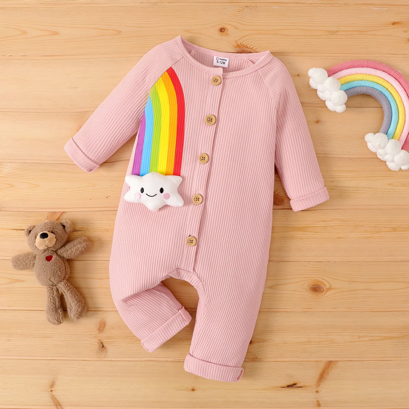 Baby Boy/Girl Cotton Buttons Front Rainbow Graphic Ribbed Long-sleeve Jumpsuit  Pink