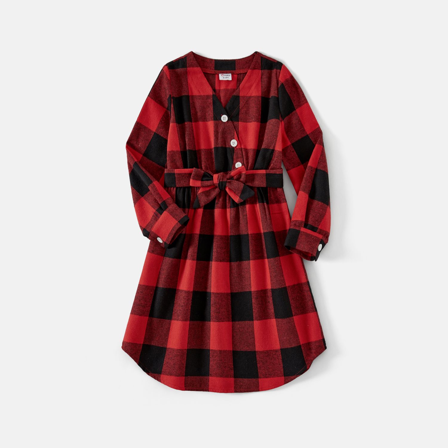 Family Matching Red And Black Plaid Long-sleeve  Shirts And Belted Dresses Sets