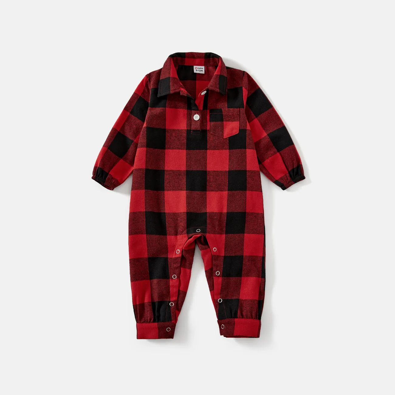 Family Matching Red and Black Plaid Long-sleeve  Shirts and Belted Dresses Sets redblack big image 1