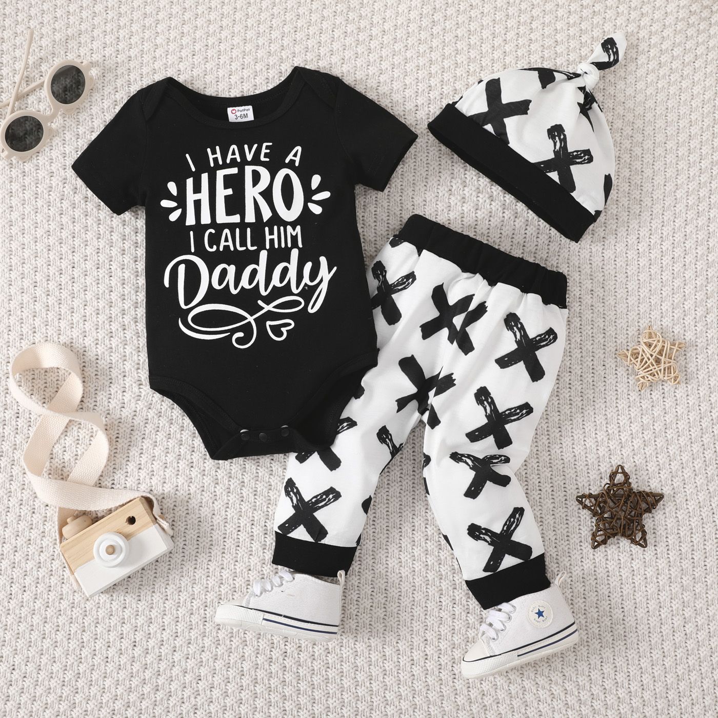 

3pcs Baby Boy 95% Cotton Letters Print Romper and Allover Print Pants and Hat Set