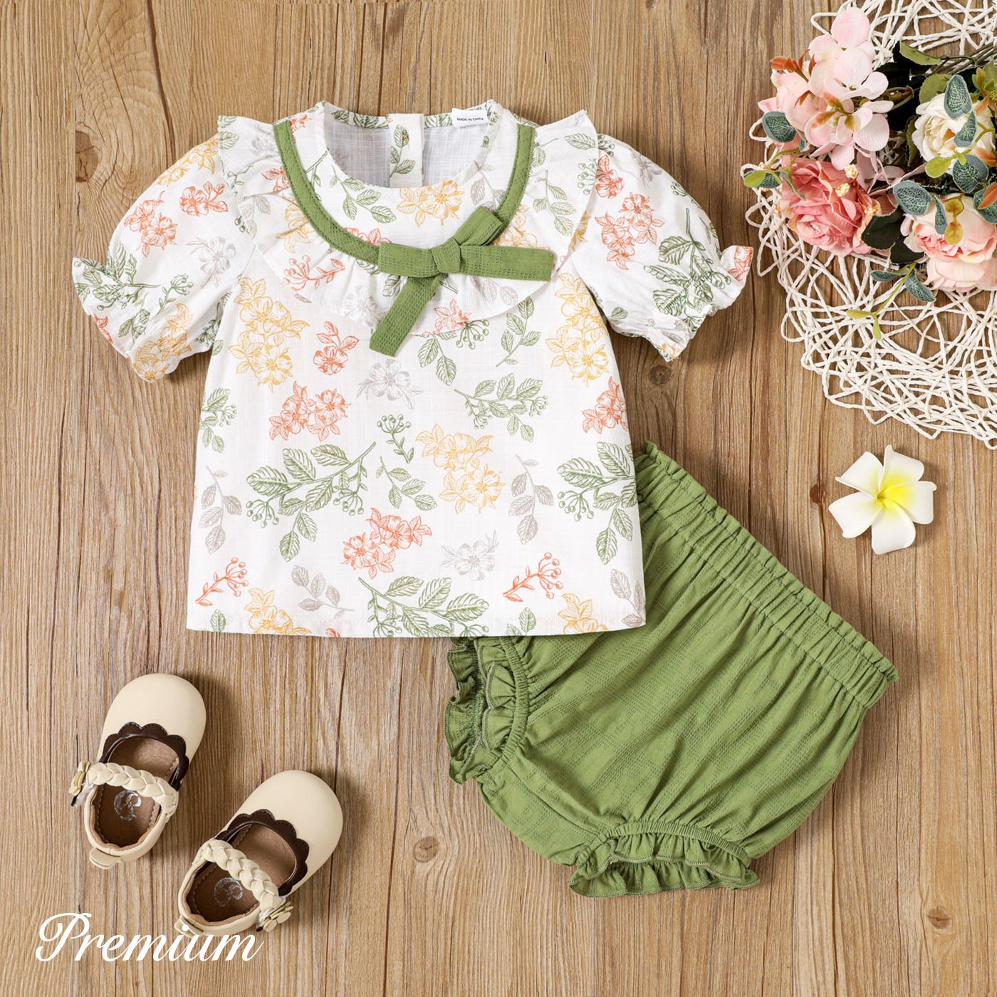 2pcs Baby Girl 100% Cotton Allover Floral Print Puff-sleeve Tee & Shorts Set