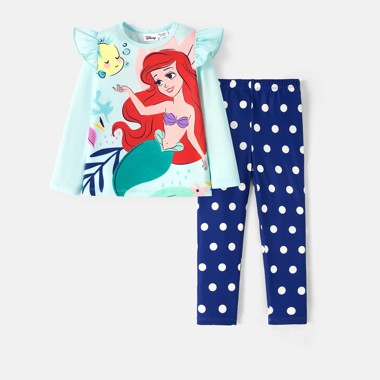 Disney Princess Toddler Girl 2pcs Naia™ Character Print Ruffled Long-sleeve Pullover and Polka Dots Leggings Set  Deep Blue big image 1