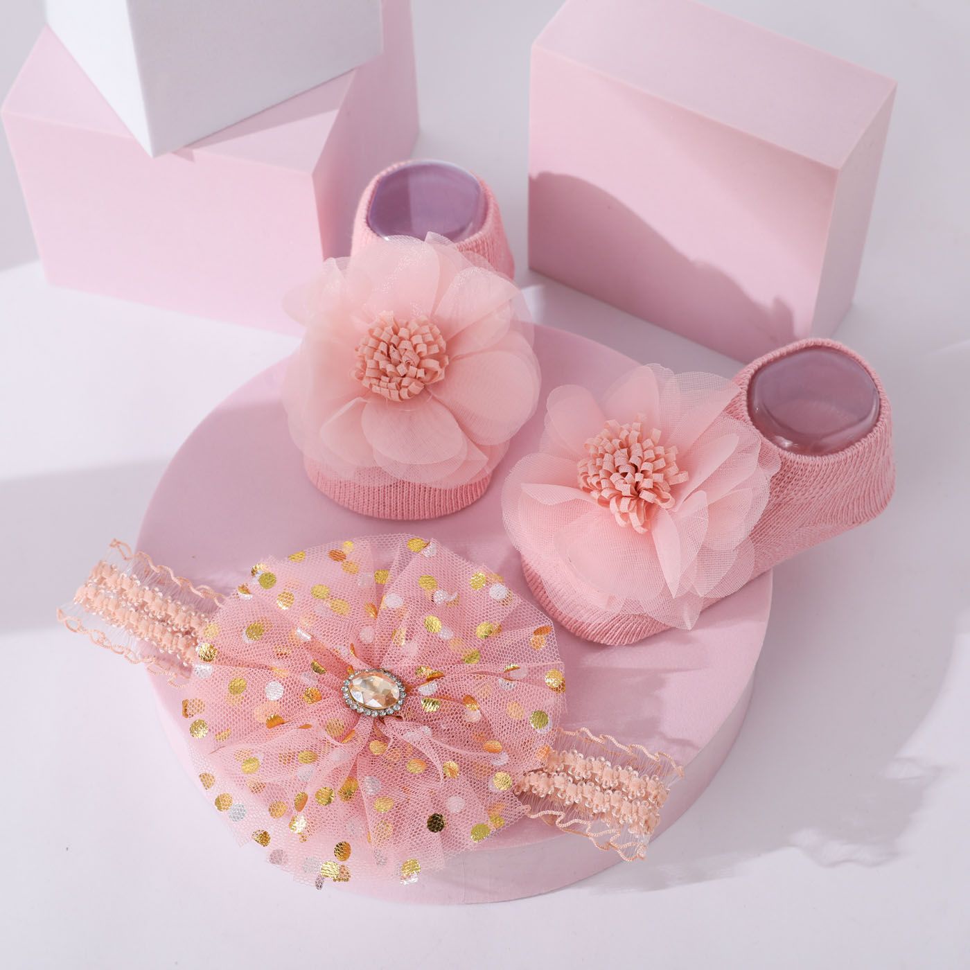 2pcs Baby Polka Dots Diamond Bandeau Et Flower Shape Socks Set