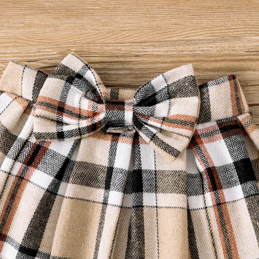 3pcs Baby Girl Bear Embroidered Ruffled Long-sleeve Onesies & Plaid Skirt & Hair Ties Set big image 5