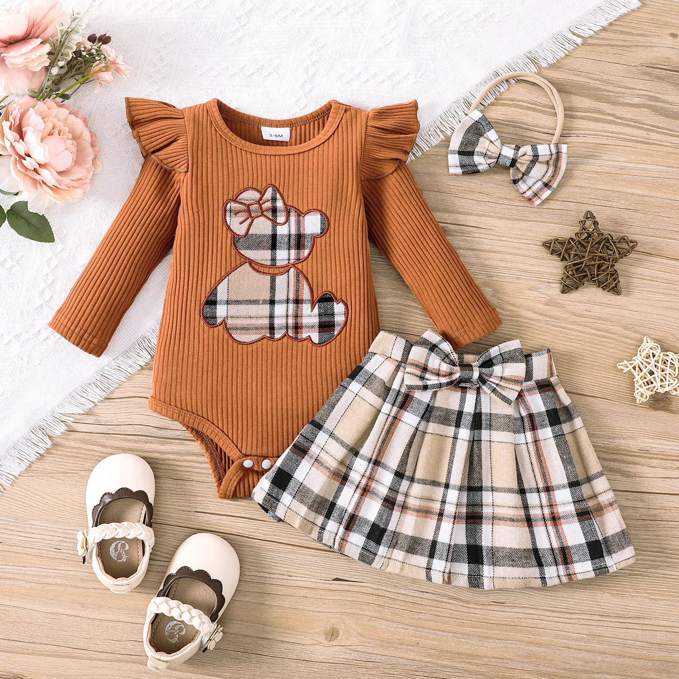 

3pcs Baby Girl Bear Embroidered Ruffled Long-sleeve Onesies & Plaid Skirt & Hair Ties Set