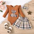 3pcs Baby Girl Bear Embroidered Ruffled Long-sleeve Onesies & Plaid Skirt & Hair Ties Set   image 1