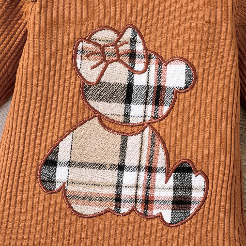 3pcs Baby Girl Bear Embroidered Ruffled Long-sleeve Onesies & Plaid Skirt & Hair Ties Set big image 4