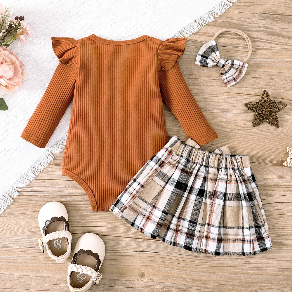 3pcs Baby Girl Bear Embroidered Ruffled Long-sleeve Onesies & Plaid Skirt & Hair Ties Set big image 2