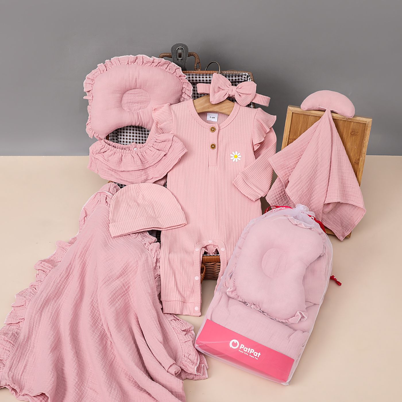 7pcs 100% Cotton Newborn Gift Set for Baby Girl (Pink)