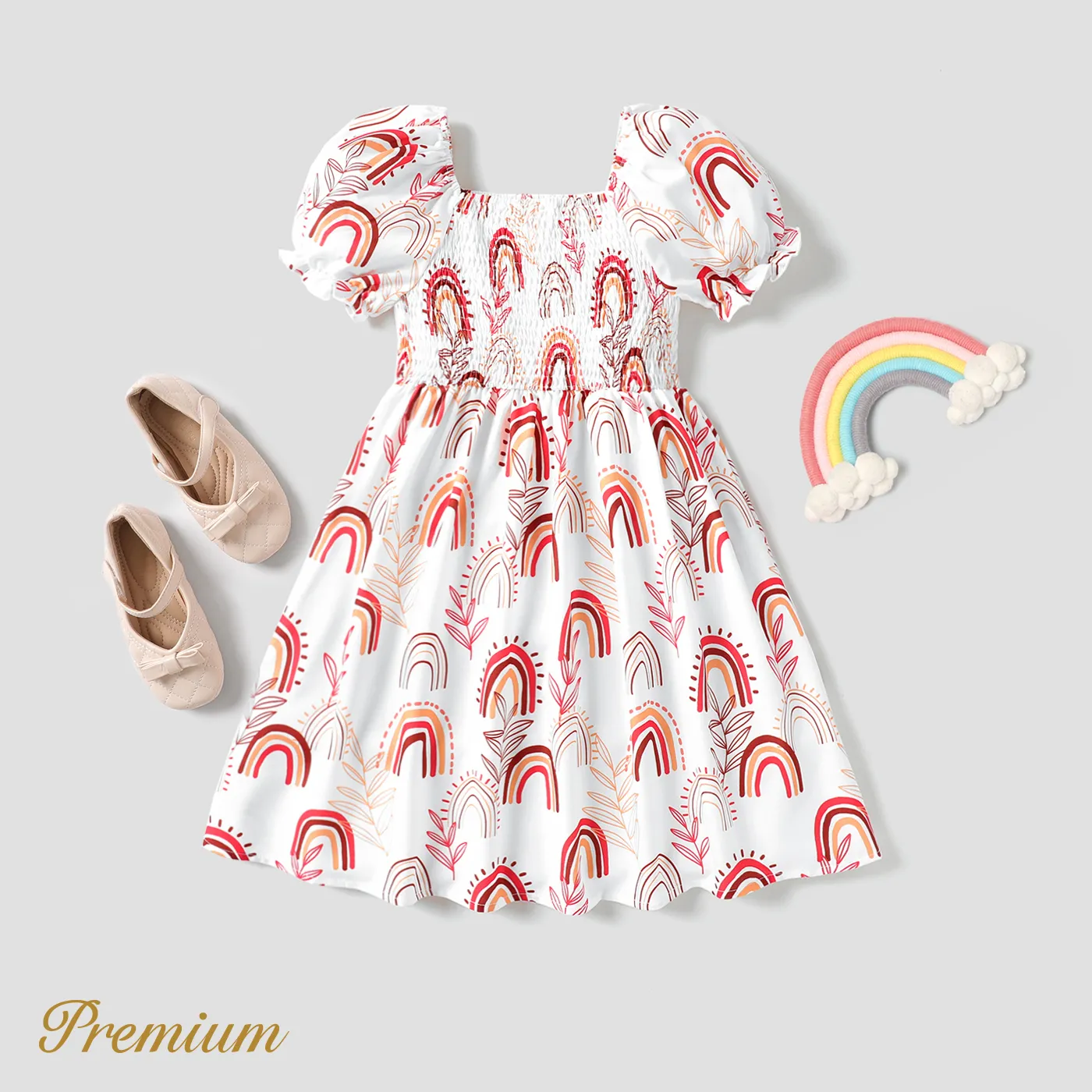 Kid Girl Allover Rainbow Plant Print Short-sleeve Square Neck Smocked Dress  ColorBlock image 6
