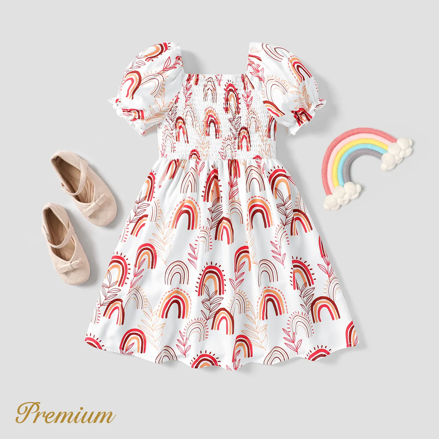 Kid Girl Allover Rainbow Plant Print Short-sleeve Square Neck Smocked Dress  ColorBlock image 5