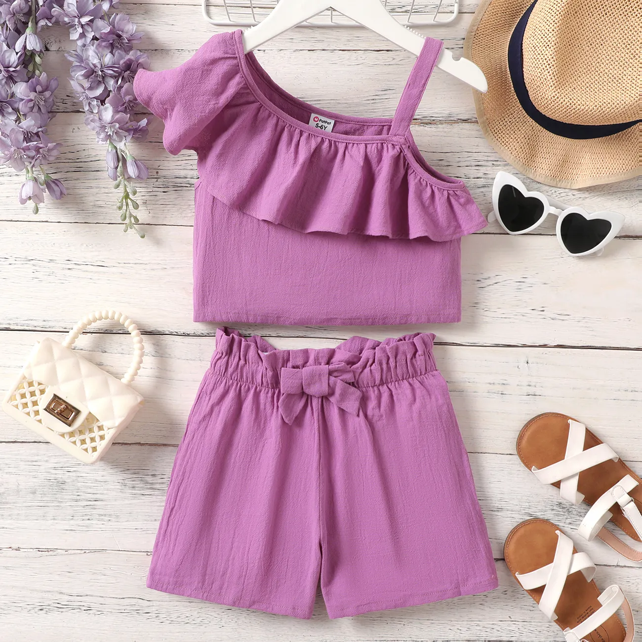 2pcs Kid Girl 100% Cotton Ruffle Solid Slip Top and Belted Shorts Set  big image 1