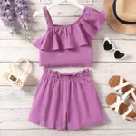 2pcs Kid Girl 100% Cotton Ruffle Solid Slip Top and Belted Shorts Set  image 5