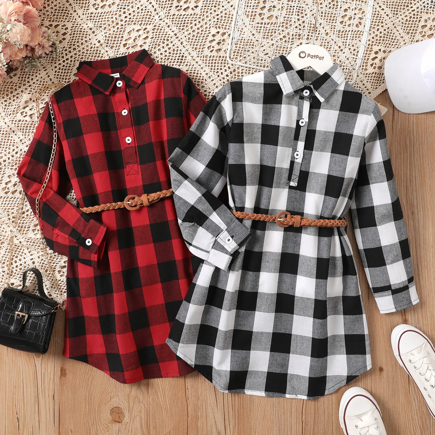 Kid Girl Plaid Belted Long-sleeve Button Half Placket Dress 