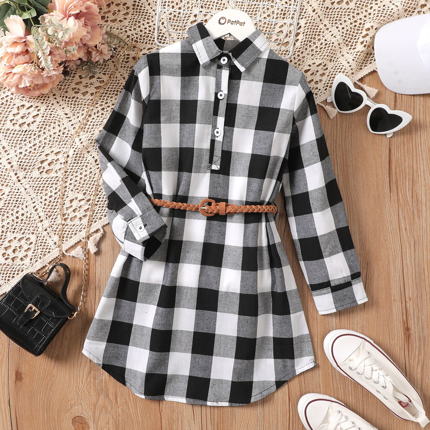 Kid Girl Plaid Belted Long-sleeve Button Half Placket Dress