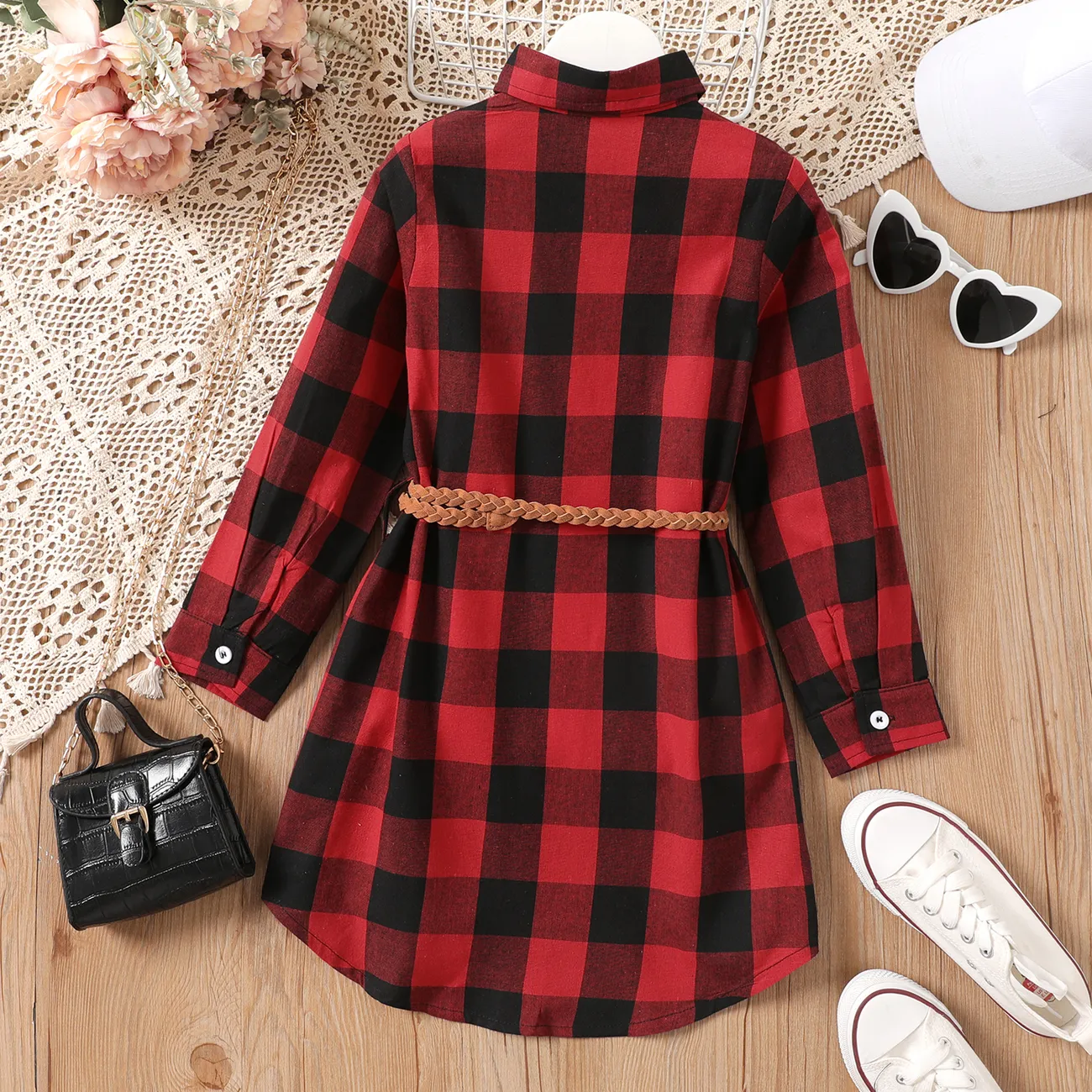 Kid Girl Plaid Belted Long-sleeve Button Half Placket Dress  Red big image 1