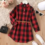 Kid Girl Plaid Belted Long-sleeve Button Half Placket Dress  Red