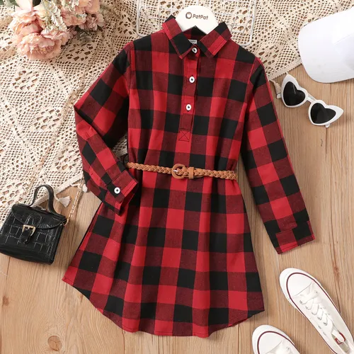 Kid Girl Plaid Belted Long-sleeve Button Half Placket Dress 