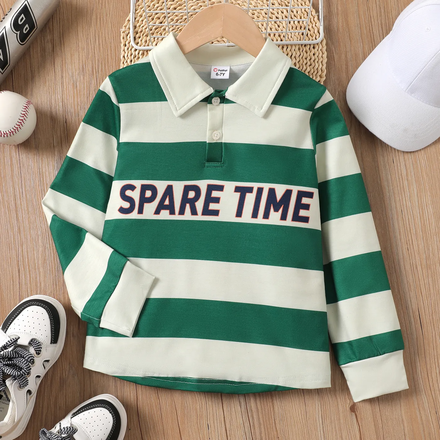 Kid Boy Letter Print Two Tone Stripe Polo Neck Sweatshirt  COLOREDSTRIPES big image 1