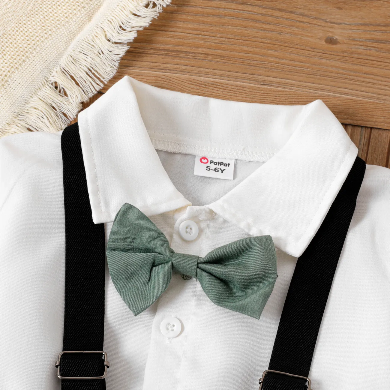 2pcs Kid Boy Bow Tie Long-sleeve Shirt and Suspender Pants Set Green/White big image 1