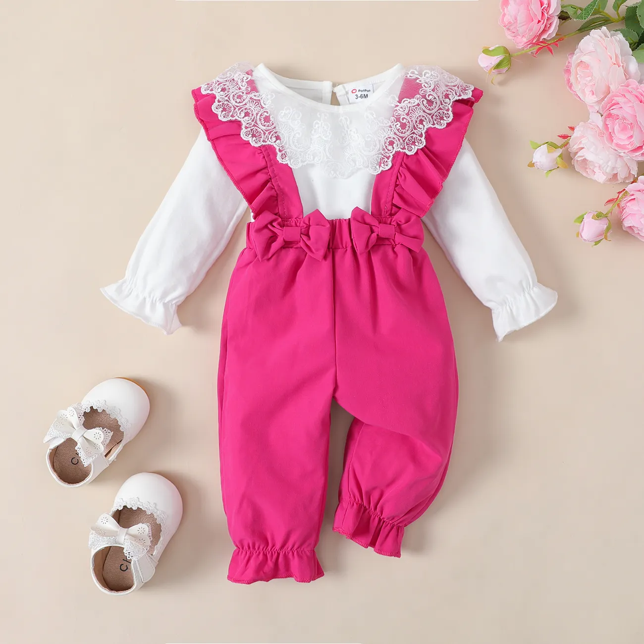 2pcs Baby Girl Lace Ruffle Long-sleeve Top and Bow Decor Overalls Set Hot Pink big image 1