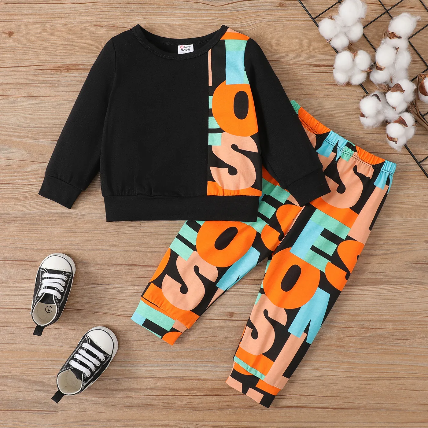 Baby Boy Blocking Design Long Sleeve Crew Neck Sweatshirt Sets   big image 1