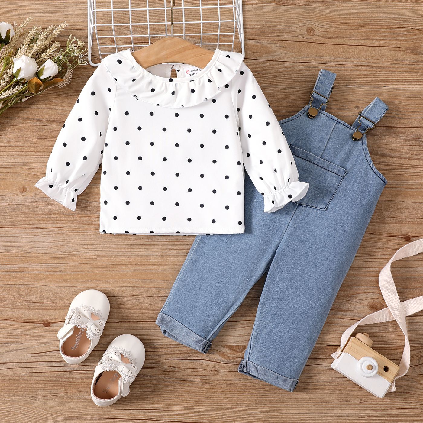 

2pcs Baby Girl Polka Dots Ruffle Long-sleeve Top and 100% Cotton Overalls Set