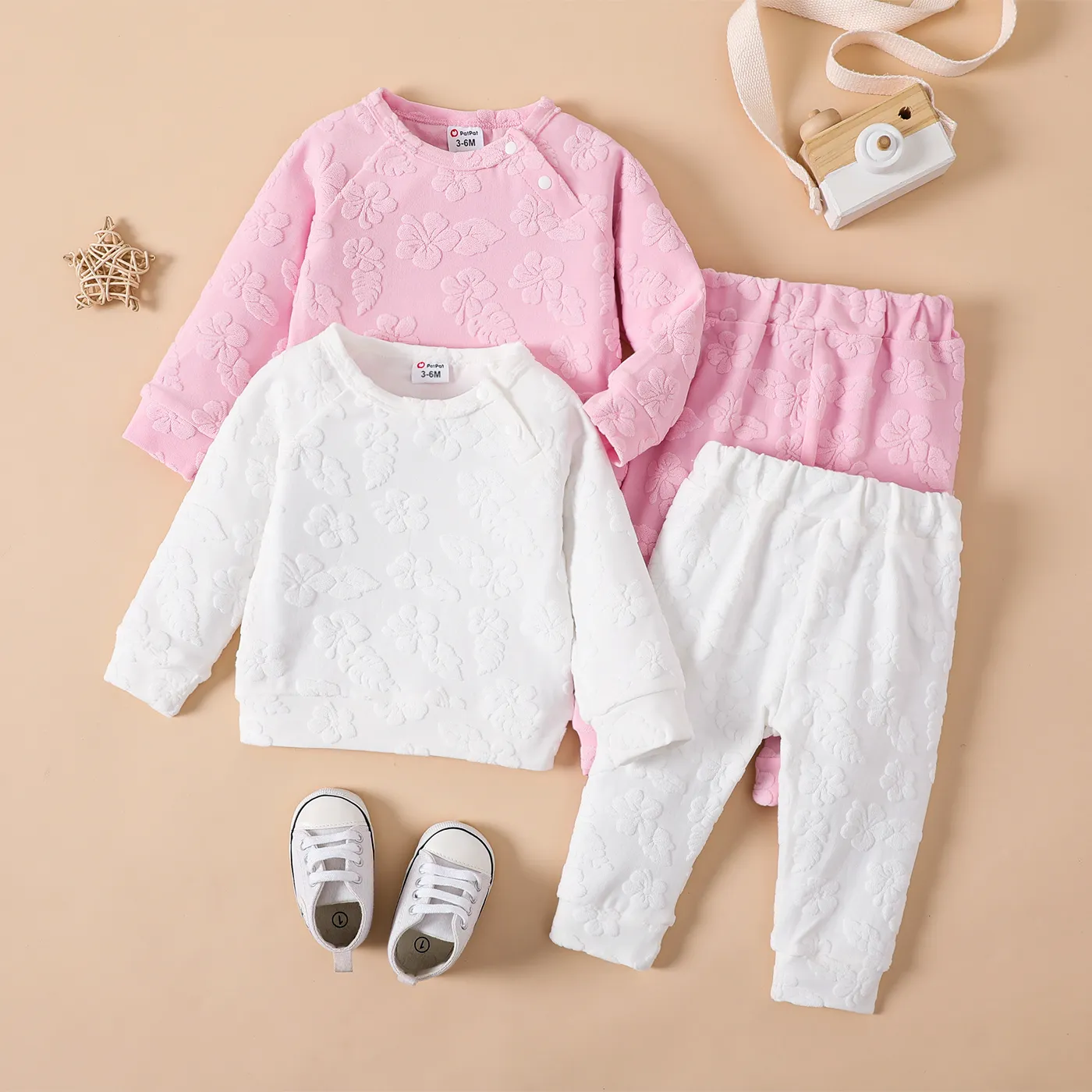 2pcs Baby Girl Solid Floral Embossed Long-sleeve Top and Pants Set Pink image 2