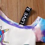2pcs Kid Girl Unicorn Print Tie Dye One-Shoulder Top and Letter Tape Shorts Set   image 3