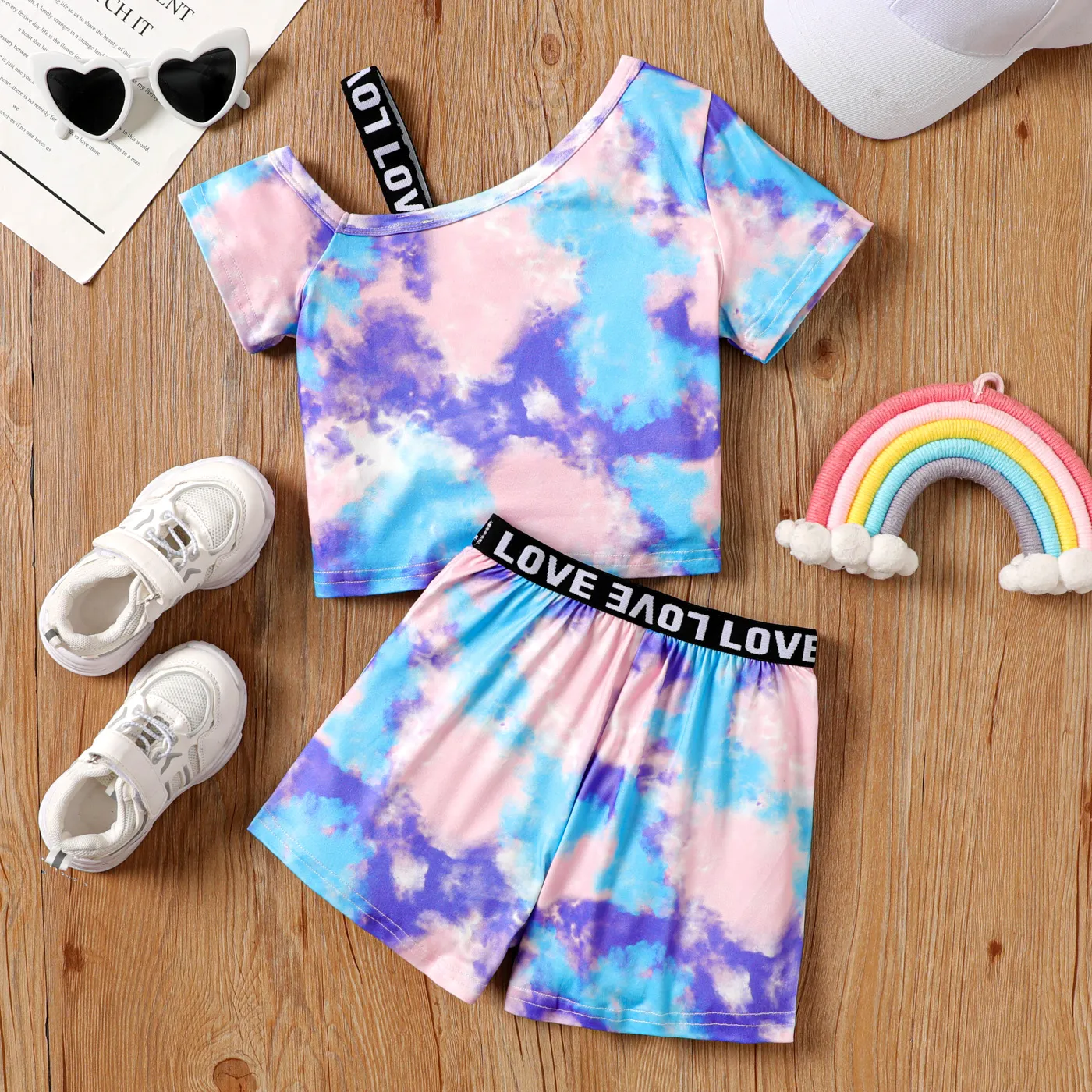 2pcs Kid Girl Unicorn Print Tie Dye One-Shoulder Top and Letter Tape Shorts Set   image 2