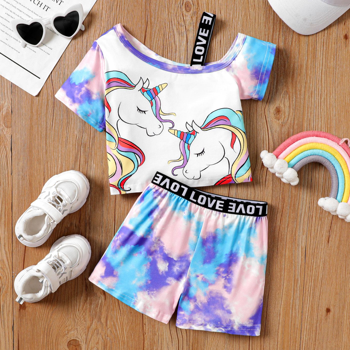 2pcs Kid Girl Unicorn Print Tie Dye One-Shoulder Top And Letter Tape Shorts Set