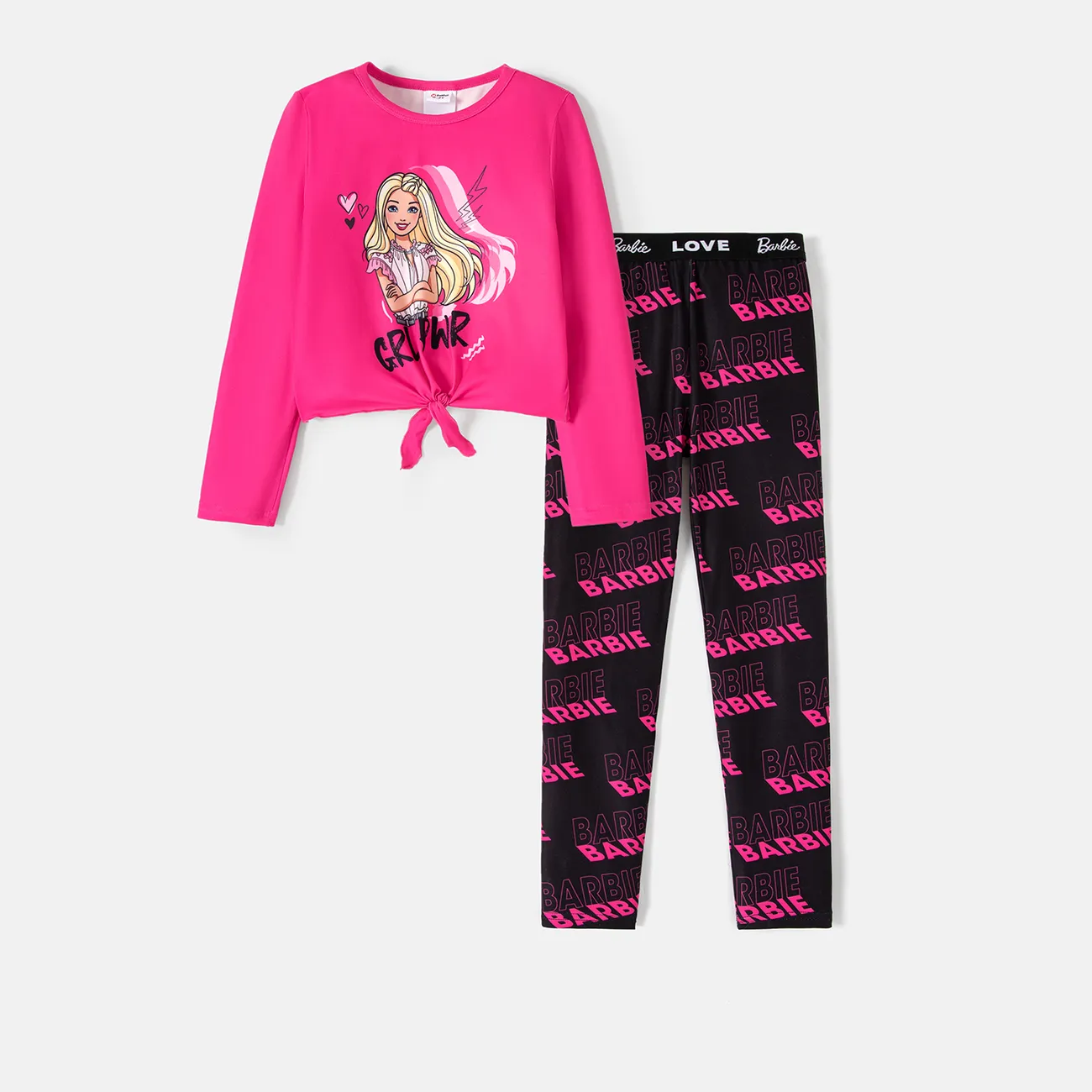Barbie Kid Girl 2pcs Knot Hem Long-sleeve Top and Letter Print Leggings Pants Set  Roseo big image 1