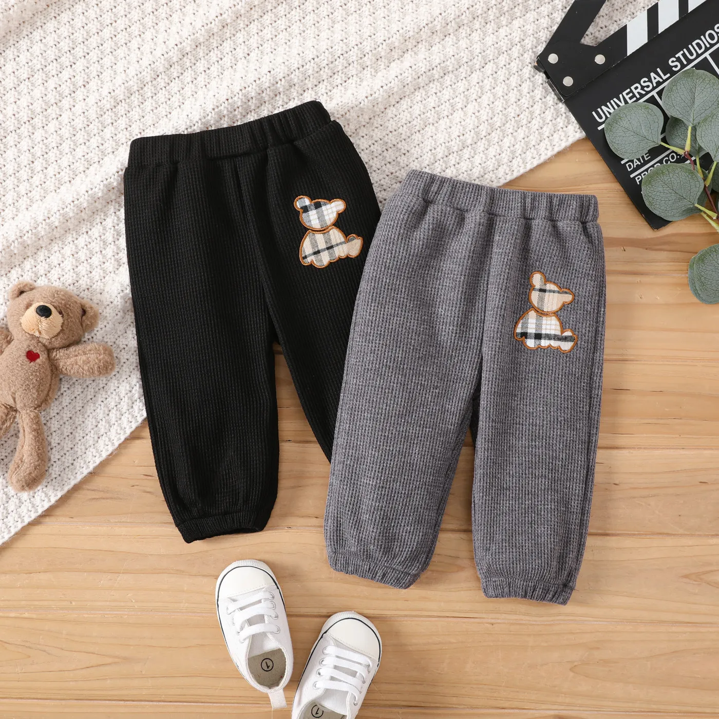 Baby Girl/Boy Plaid Bear Embroidered Waffle Pants  Grey image 2