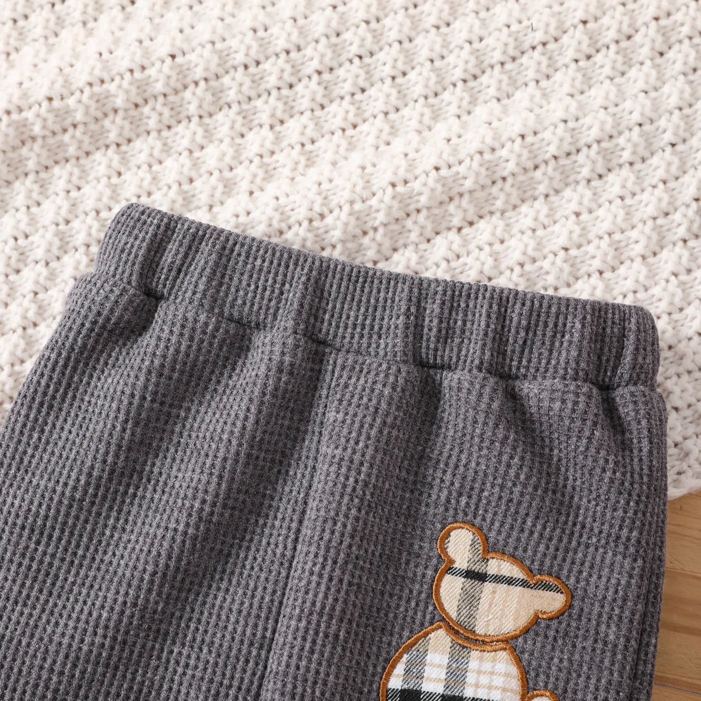 Baby Girl/Boy Plaid Bear Embroidered Waffle Pants  Grey image 4